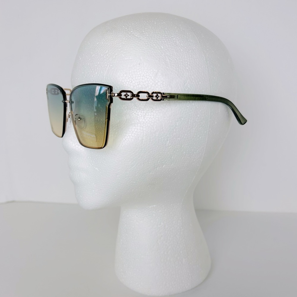 Sunglasses Women’s Green/Gold With Gold Trim Link Design Square Oversized NEW